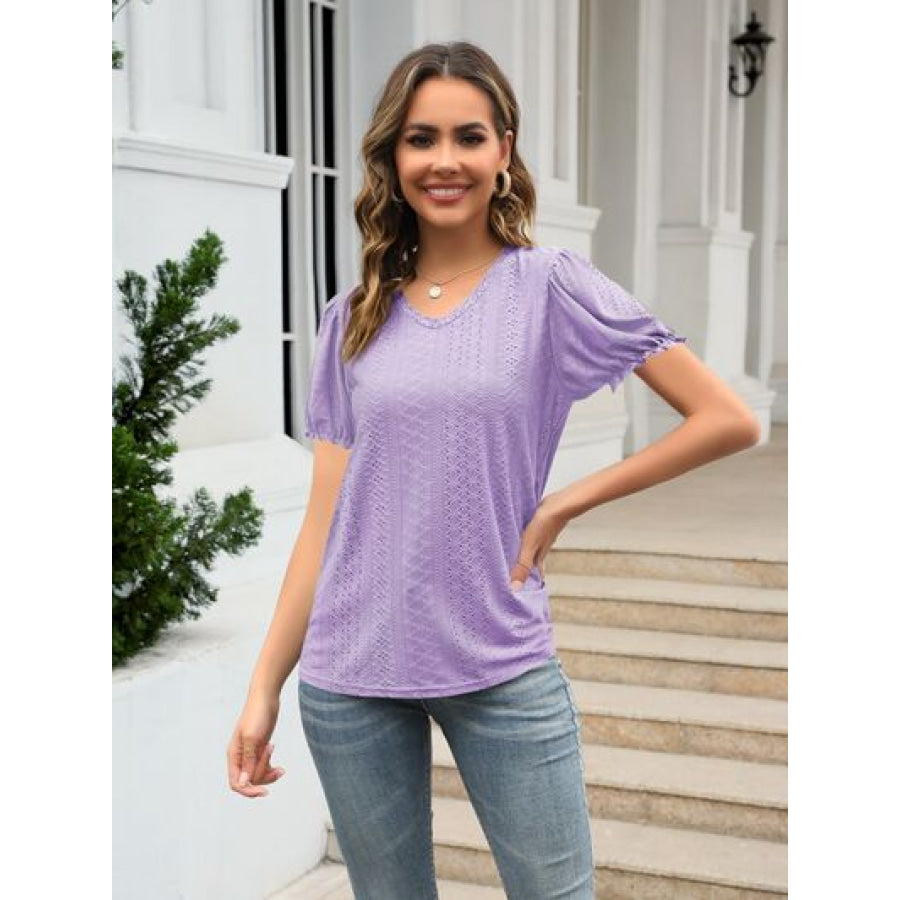 Eyelet Round Neck Short Sleeve Blouse Lavender / S Apparel and Accessories