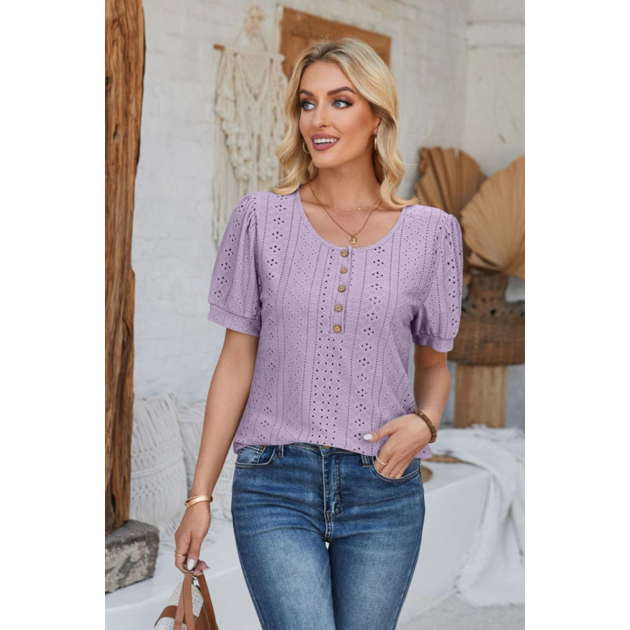 Eyelet Round Neck Short Sleeve Blouse Lavender / S Apparel and Accessories