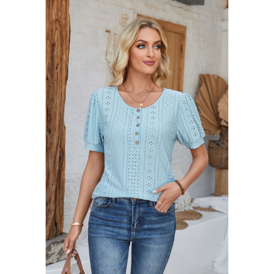 Eyelet Round Neck Short Sleeve Blouse Misty Blue / S Apparel and Accessories