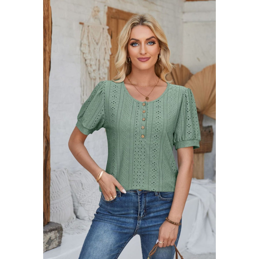 Eyelet Round Neck Short Sleeve Blouse Sage / S Apparel and Accessories