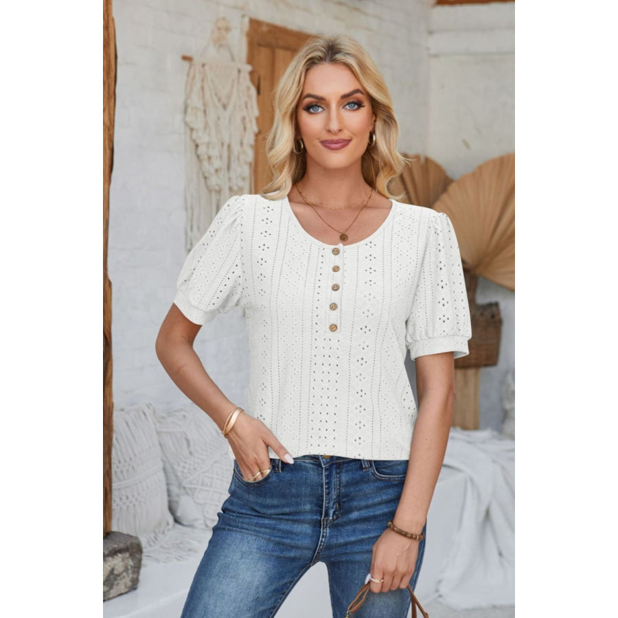 Eyelet Round Neck Short Sleeve Blouse White / S Apparel and Accessories