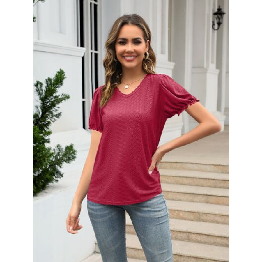 Eyelet Round Neck Short Sleeve Blouse Wine / S Apparel and Accessories