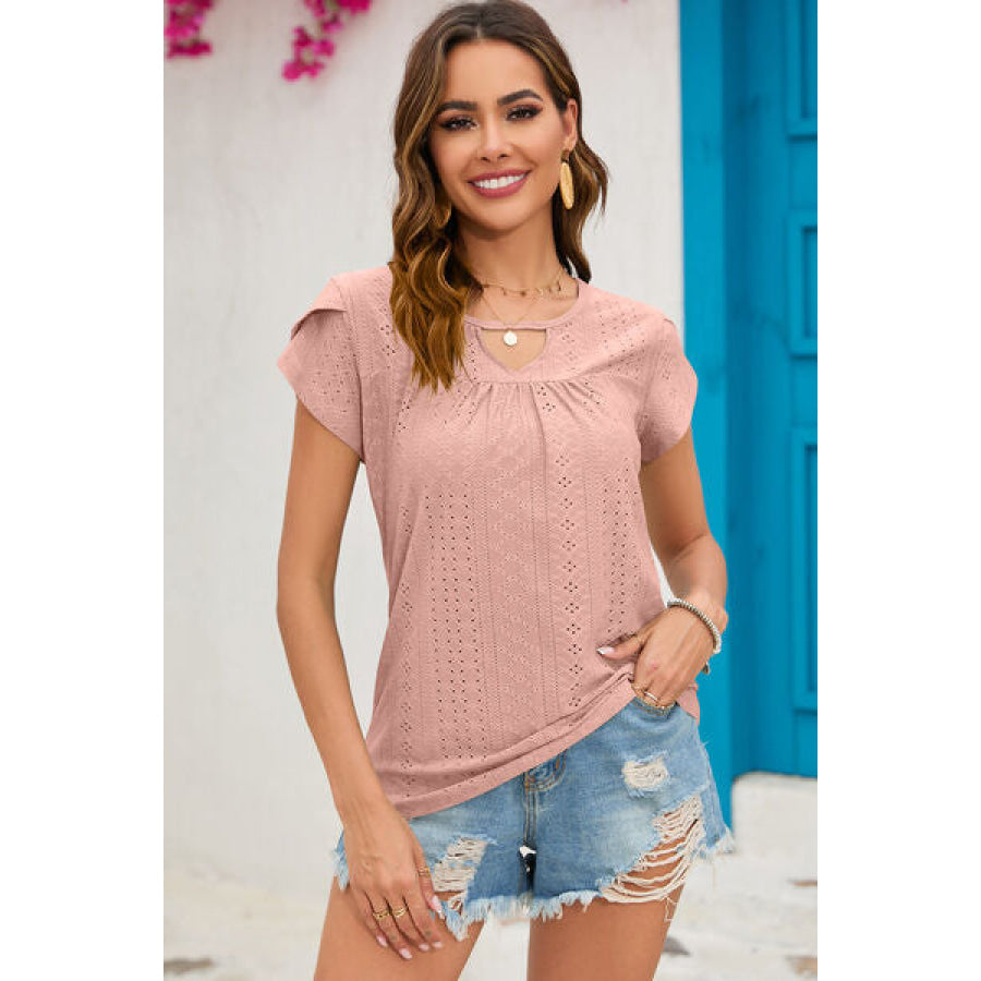 Eyelet Round Neck Short Sleeve T - Shirt Apparel and Accessories