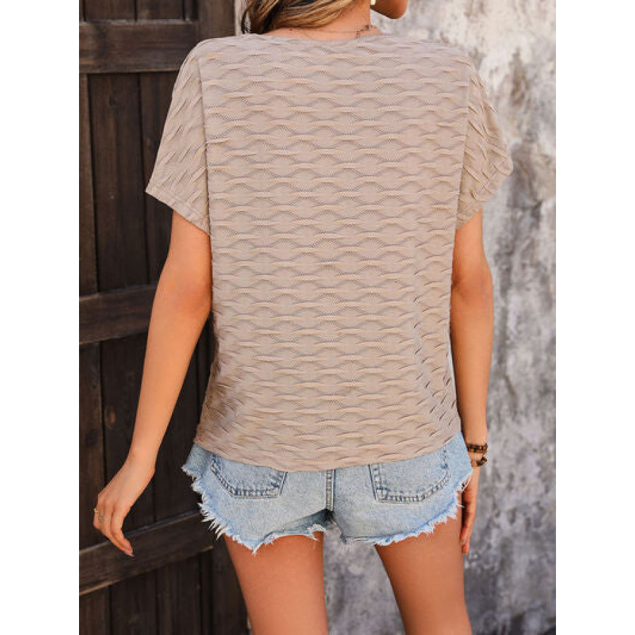 Eyelet Round Neck Short Sleeve T - Shirt Camel / S Apparel and Accessories