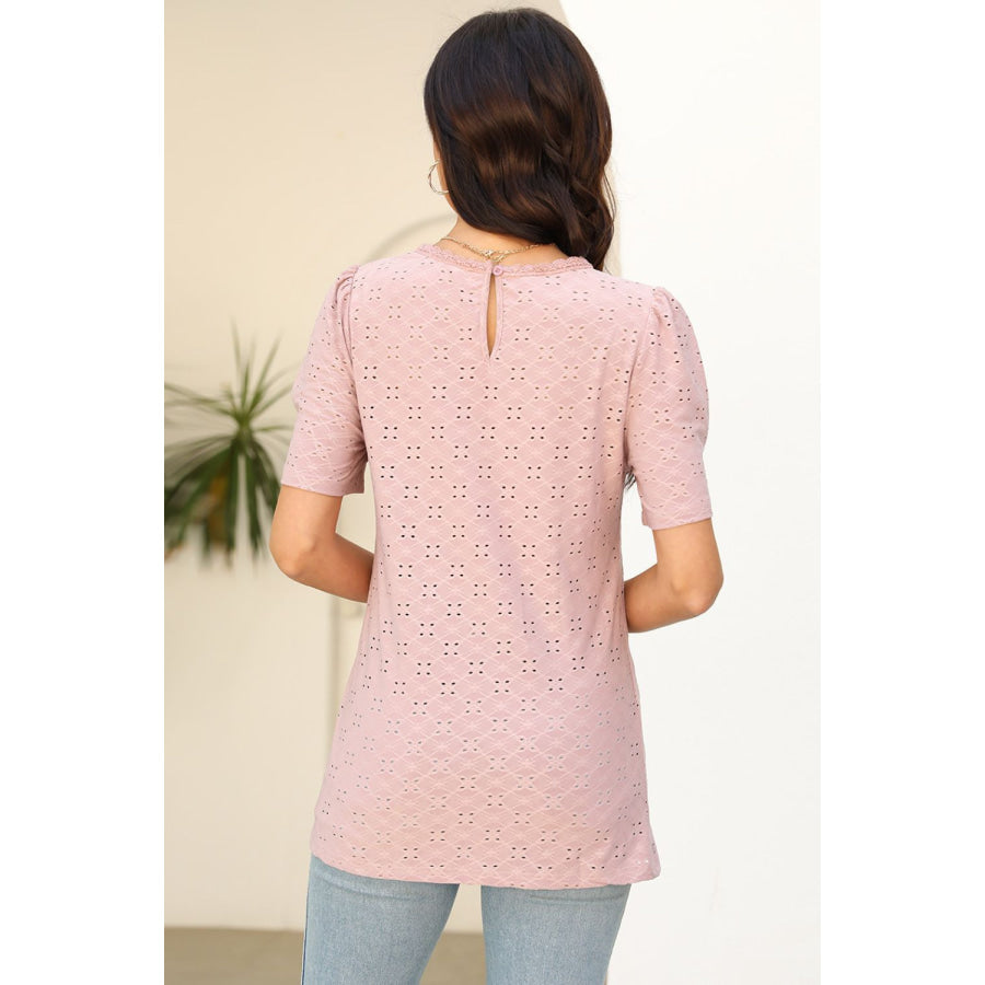 Eyelet Round Neck Short Sleeve T - Shirt Pale Blush / S Apparel and Accessories