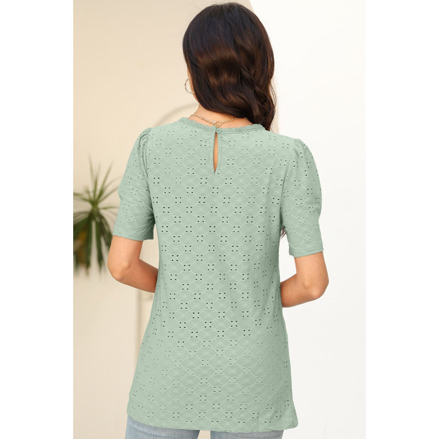 Eyelet Round Neck Short Sleeve T - Shirt Apparel and Accessories
