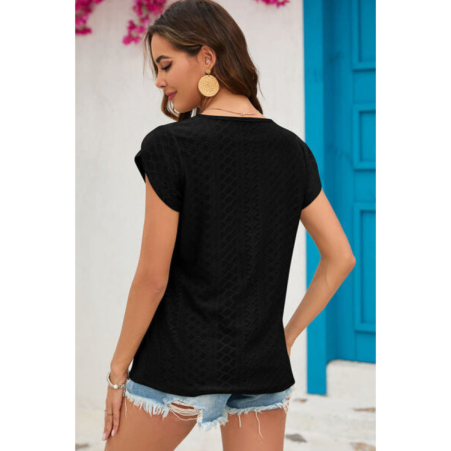 Eyelet Round Neck Short Sleeve T - Shirt Apparel and Accessories