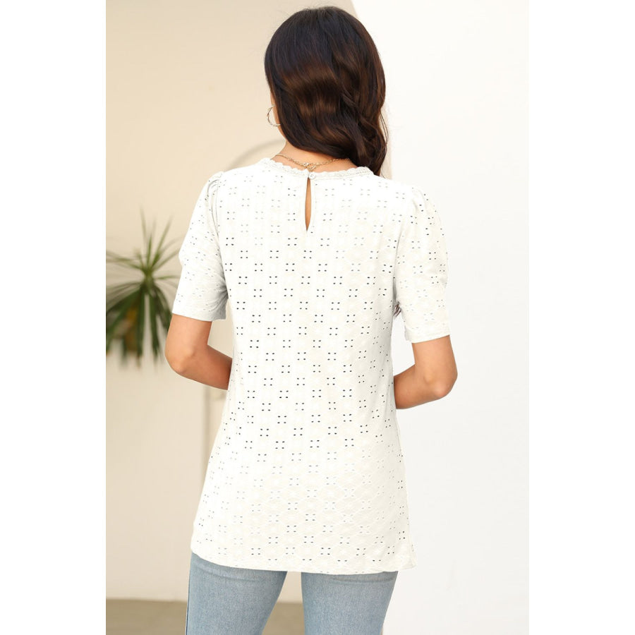 Eyelet Round Neck Short Sleeve T - Shirt Apparel and Accessories