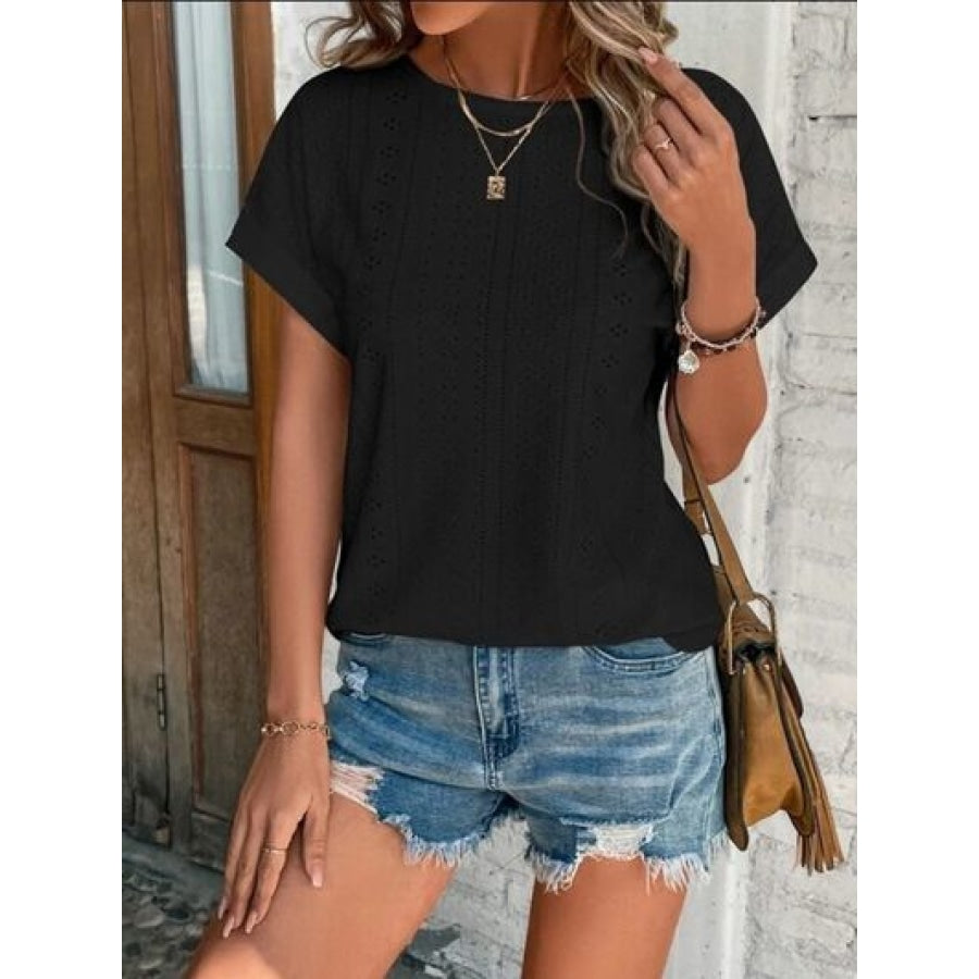 Eyelet Round Neck Short Sleeve T-Shirt Black / S Clothing