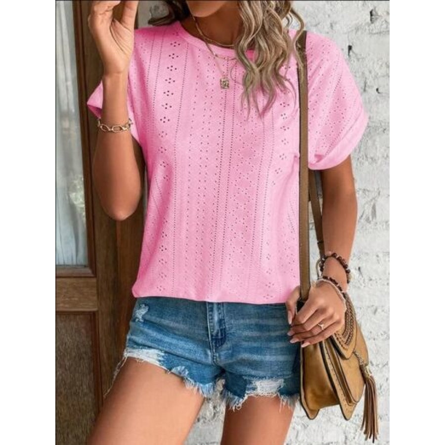 Eyelet Round Neck Short Sleeve T-Shirt Carnation Pink / S Clothing