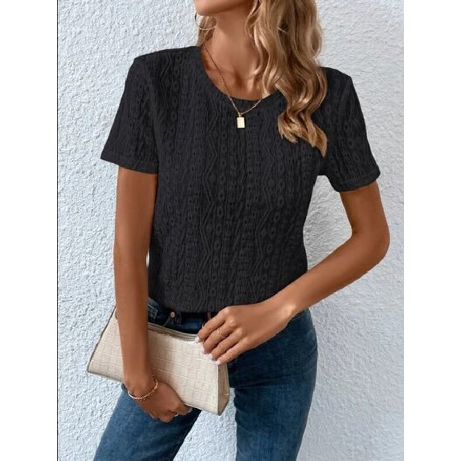 Eyelet Round Neck Short Sleeve T-Shirt Chocolate / S Clothing