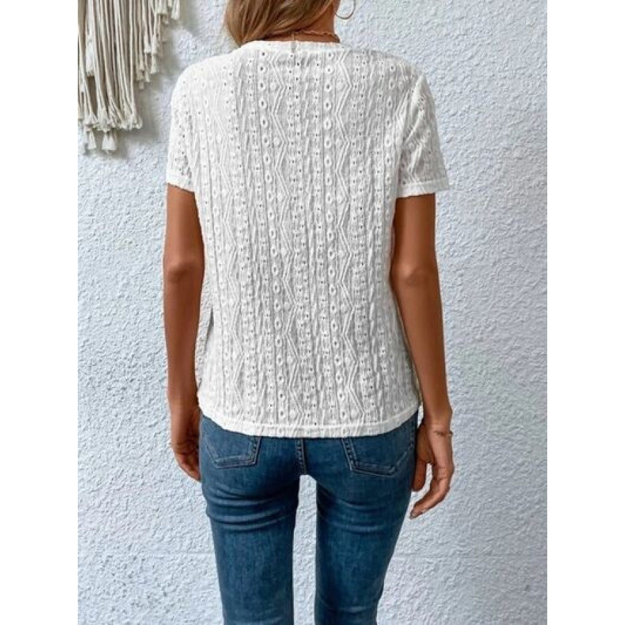 Eyelet Round Neck Short Sleeve T-Shirt Clothing