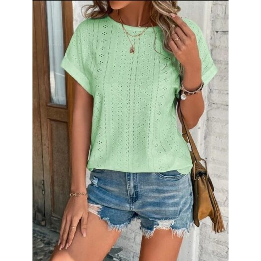 Eyelet Round Neck Short Sleeve T-Shirt Clothing