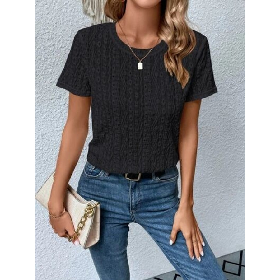 Eyelet Round Neck Short Sleeve T-Shirt Clothing