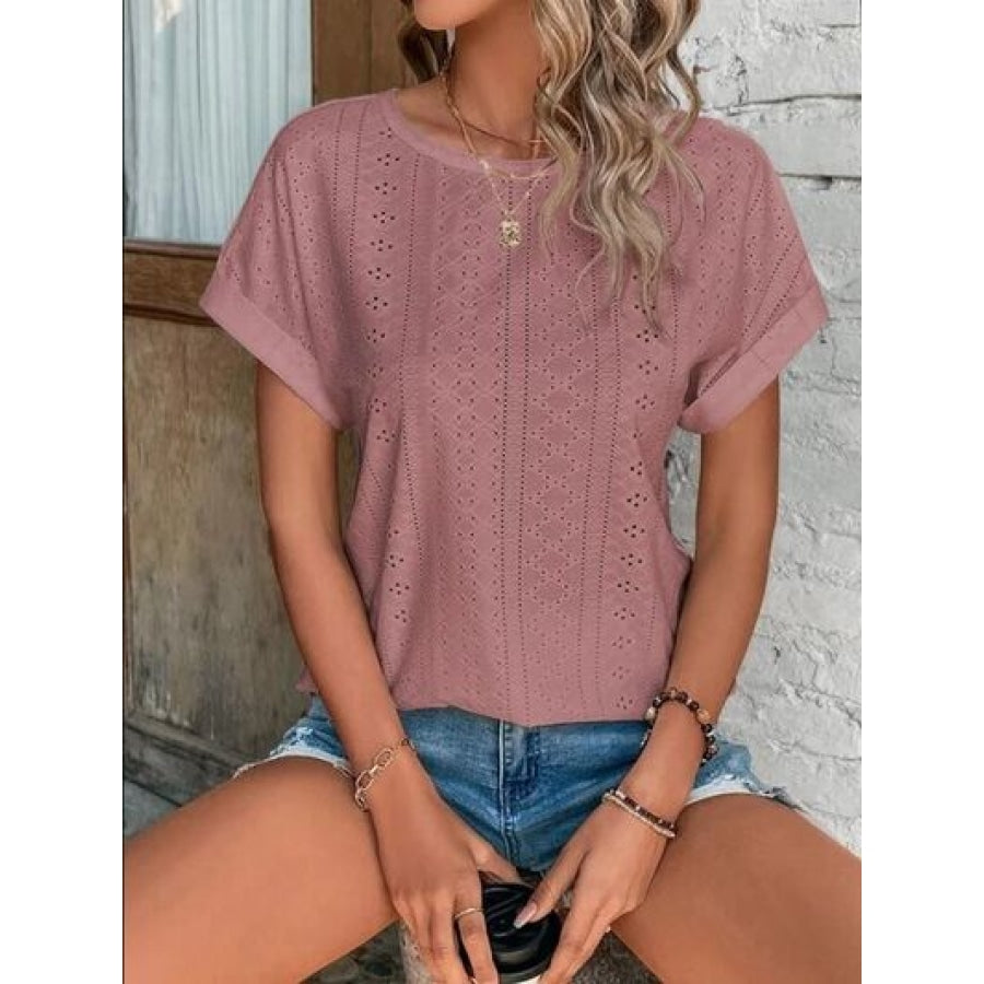 Eyelet Round Neck Short Sleeve T-Shirt Clothing