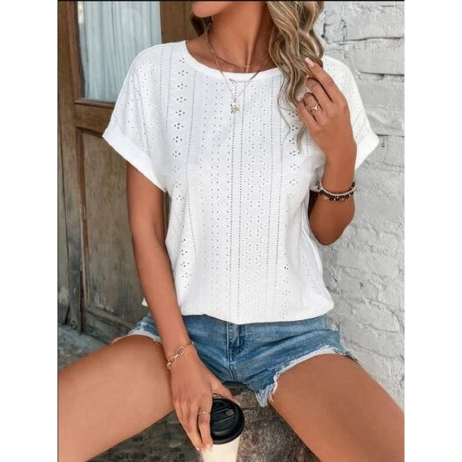 Eyelet Round Neck Short Sleeve T-Shirt Clothing