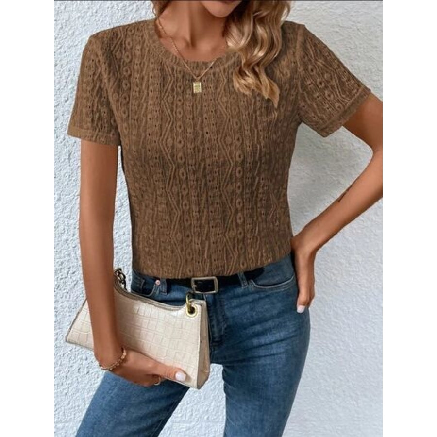 Eyelet Round Neck Short Sleeve T-Shirt Clothing