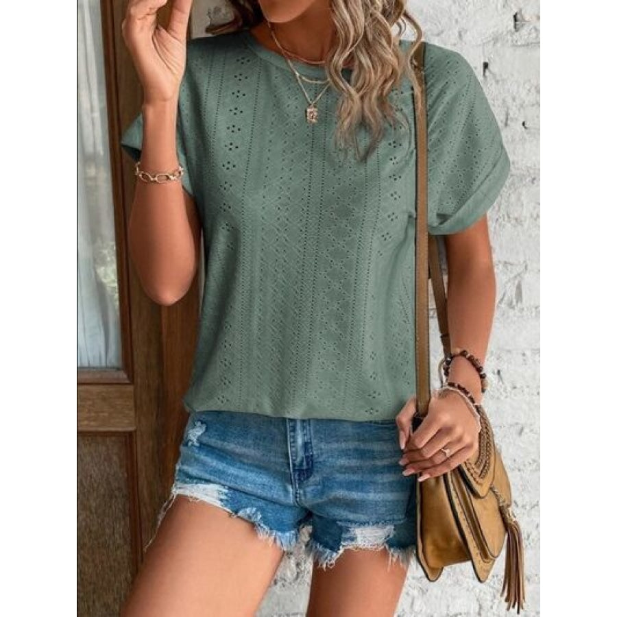 Eyelet Round Neck Short Sleeve T-Shirt Clothing