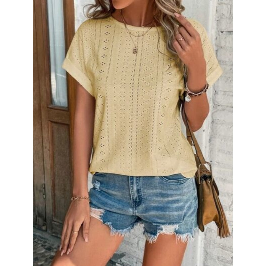 Eyelet Round Neck Short Sleeve T-Shirt Clothing