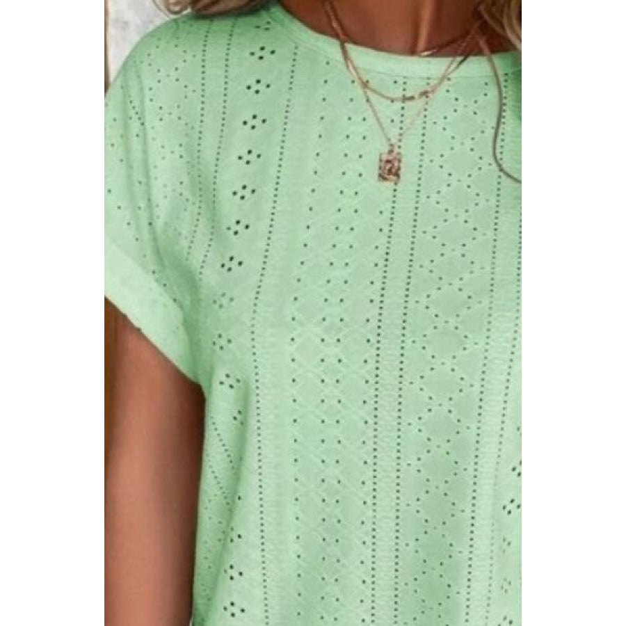 Eyelet Round Neck Short Sleeve T-Shirt Clothing