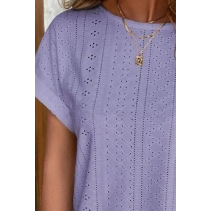 Eyelet Round Neck Short Sleeve T-Shirt Clothing