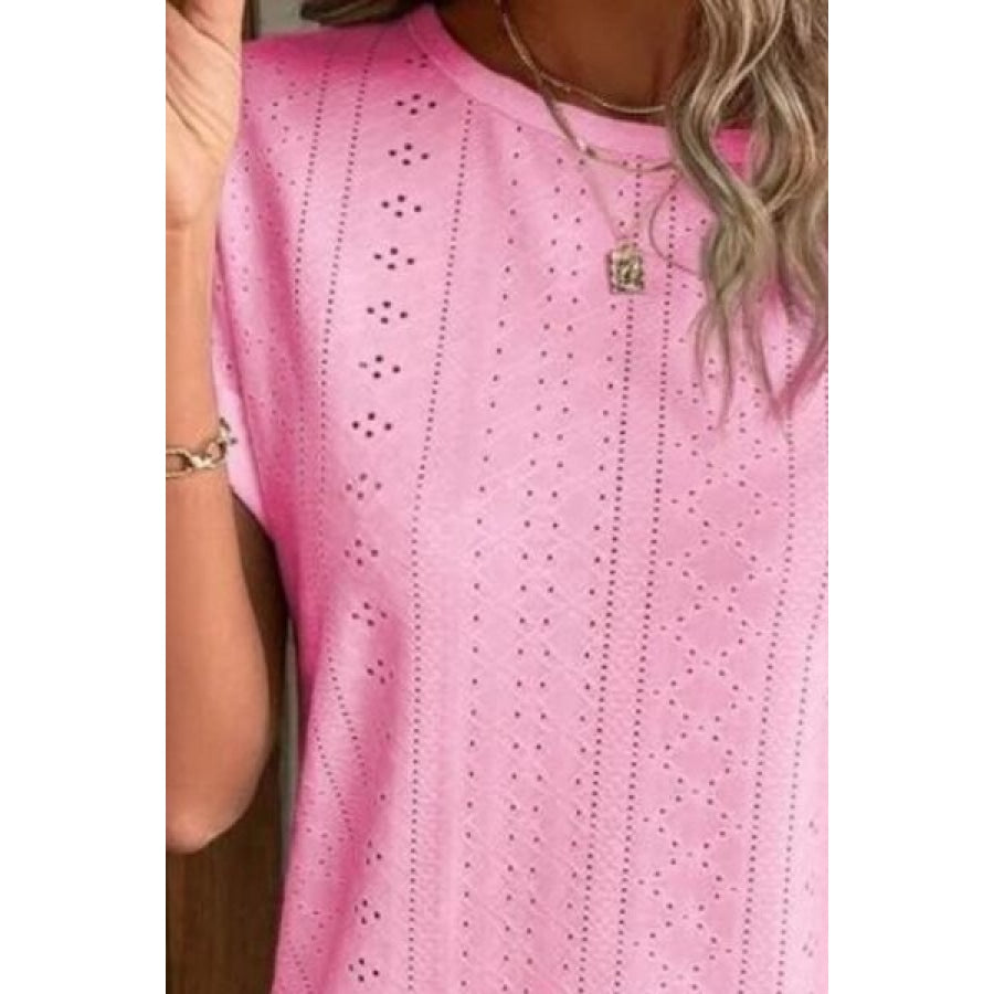 Eyelet Round Neck Short Sleeve T-Shirt Clothing