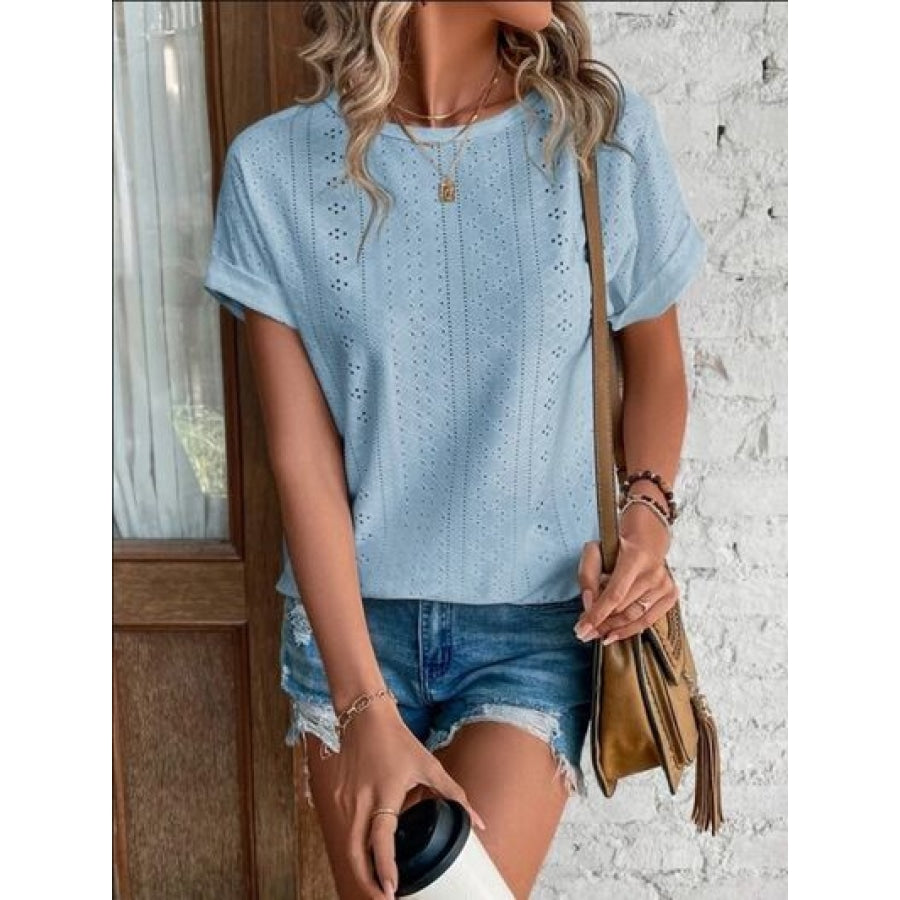 Eyelet Round Neck Short Sleeve T-Shirt Clothing