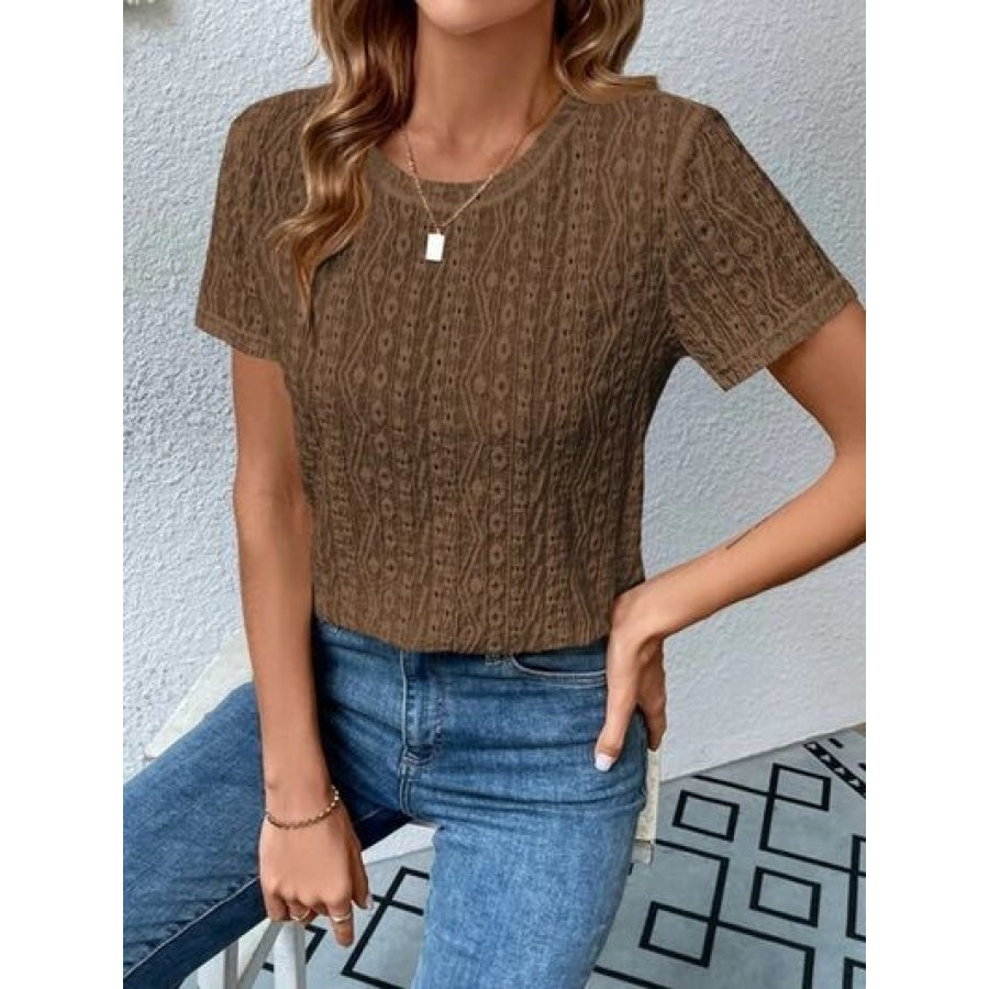 Eyelet Round Neck Short Sleeve T-Shirt Clothing