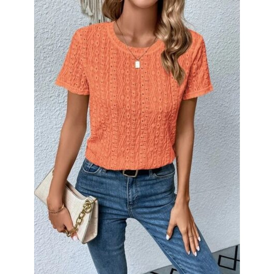 Eyelet Round Neck Short Sleeve T-Shirt Clothing