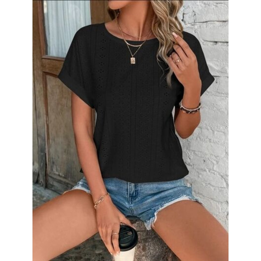 Eyelet Round Neck Short Sleeve T-Shirt Clothing