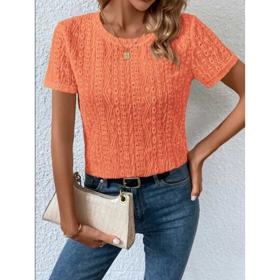 Eyelet Round Neck Short Sleeve T-Shirt Clothing