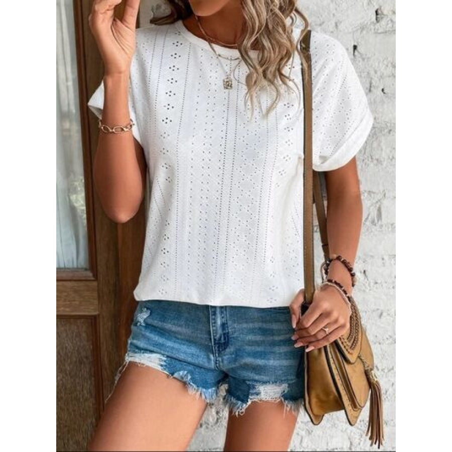 Eyelet Round Neck Short Sleeve T-Shirt Clothing