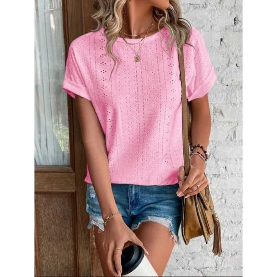 Eyelet Round Neck Short Sleeve T-Shirt Clothing