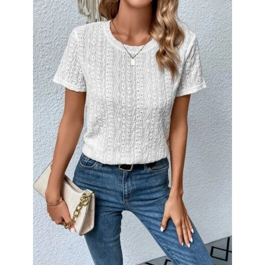 Eyelet Round Neck Short Sleeve T-Shirt Clothing