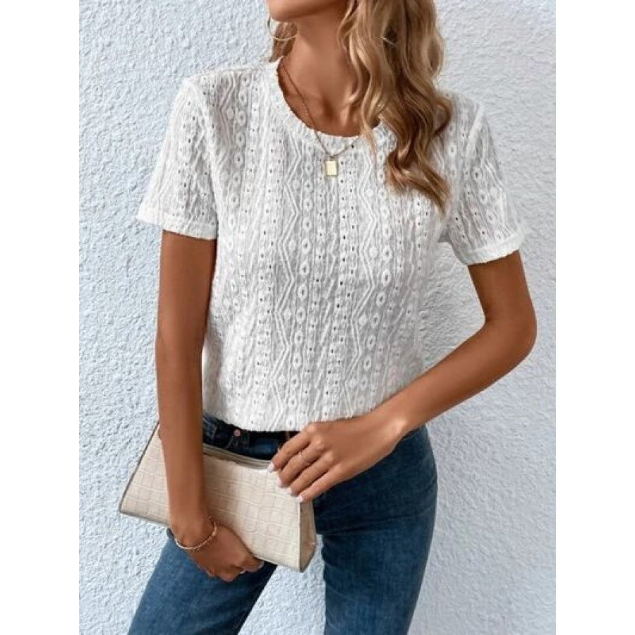 Eyelet Round Neck Short Sleeve T-Shirt Clothing