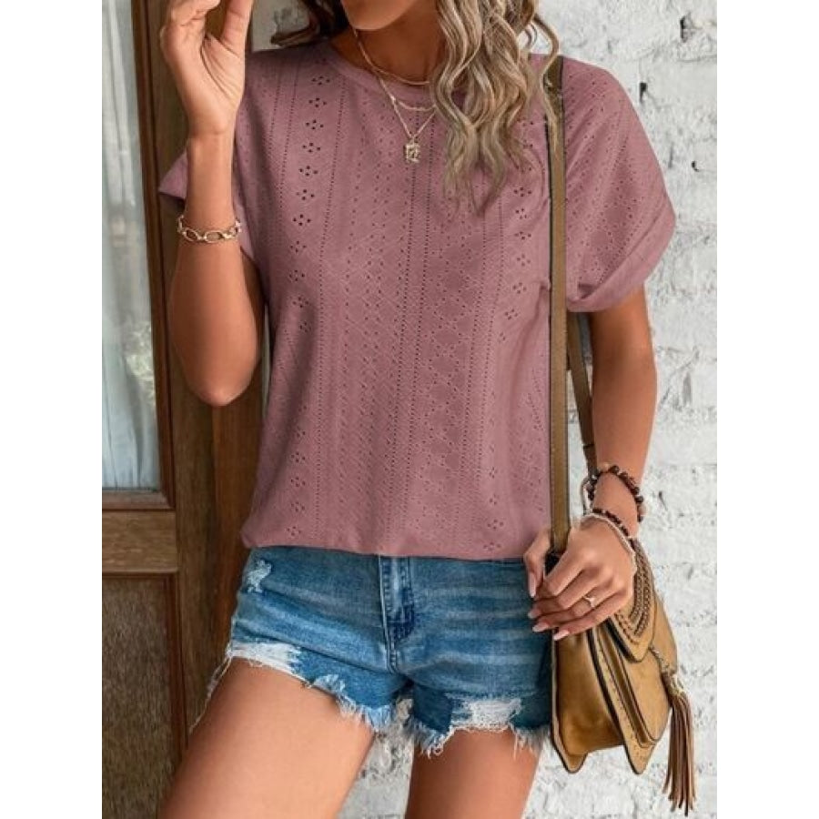 Eyelet Round Neck Short Sleeve T-Shirt Clothing