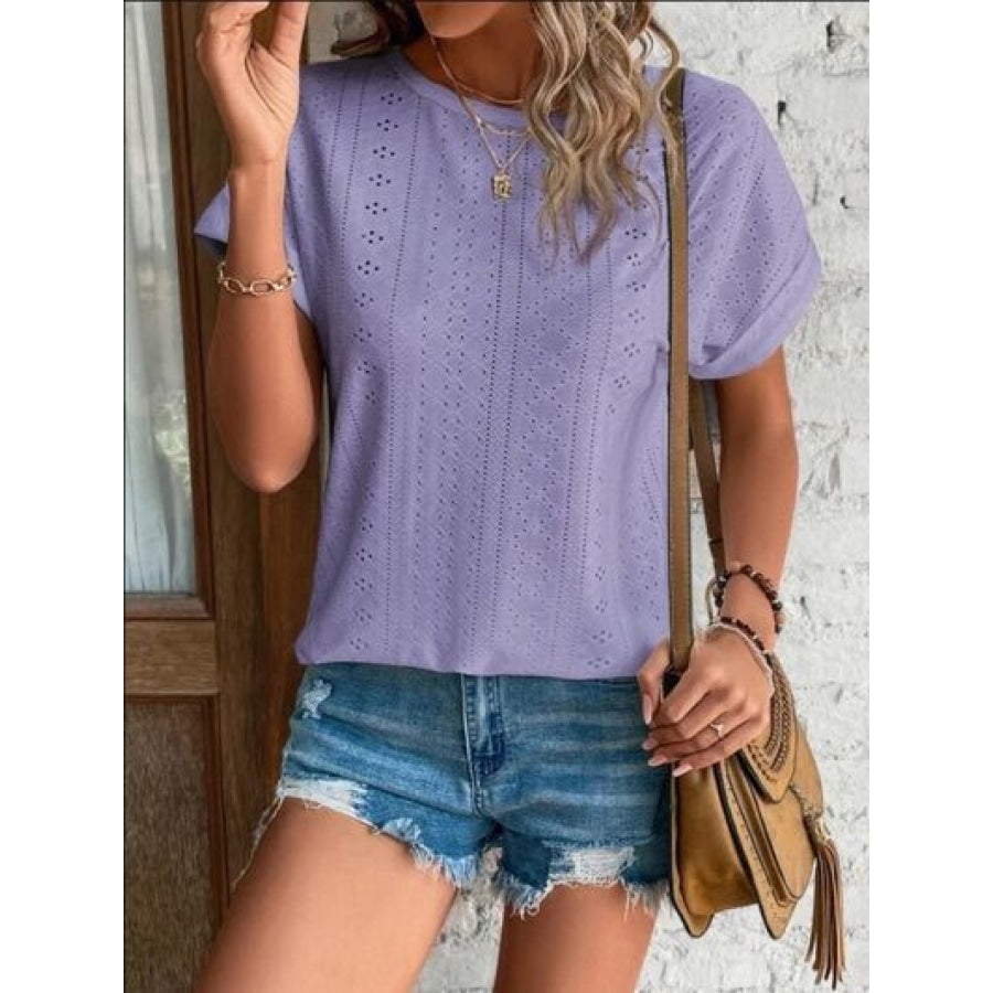 Eyelet Round Neck Short Sleeve T-Shirt Clothing