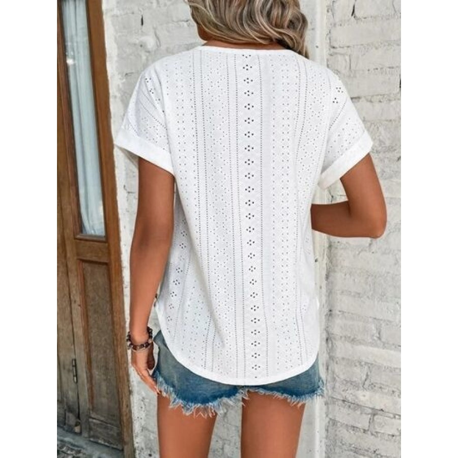 Eyelet Round Neck Short Sleeve T-Shirt Clothing