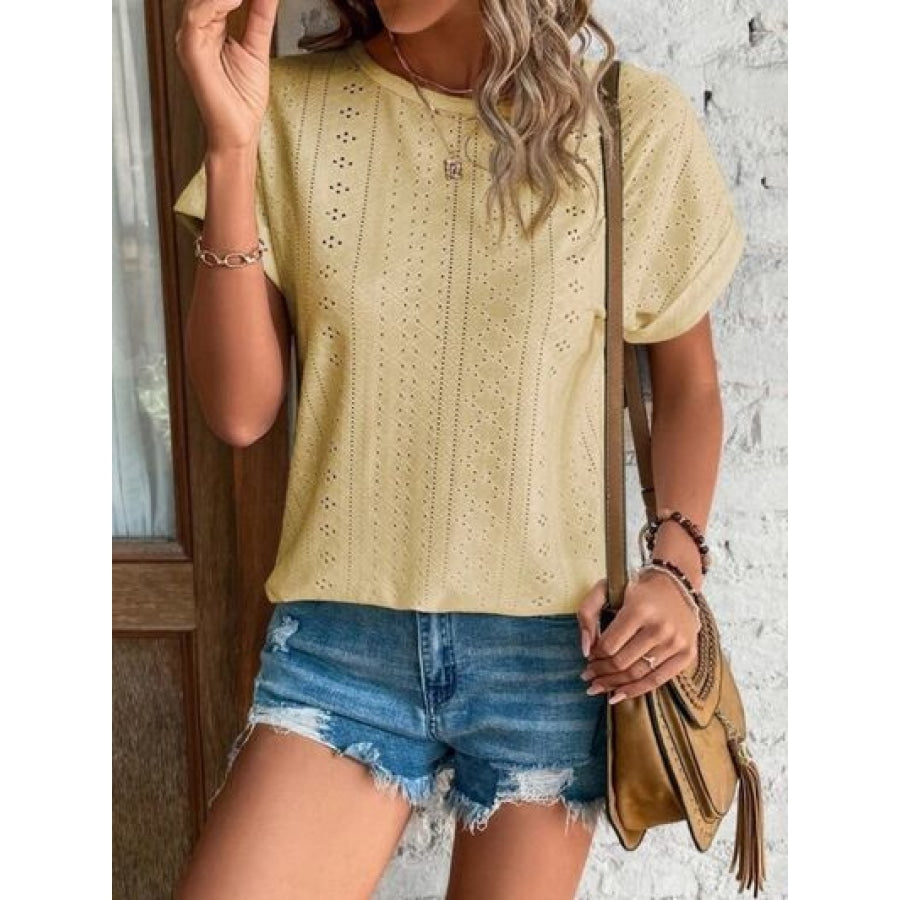 Eyelet Round Neck Short Sleeve T-Shirt Clothing