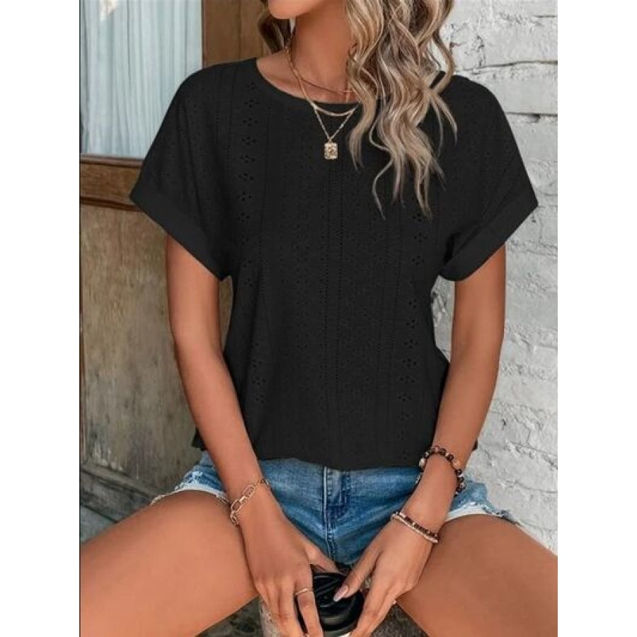 Eyelet Round Neck Short Sleeve T-Shirt Clothing