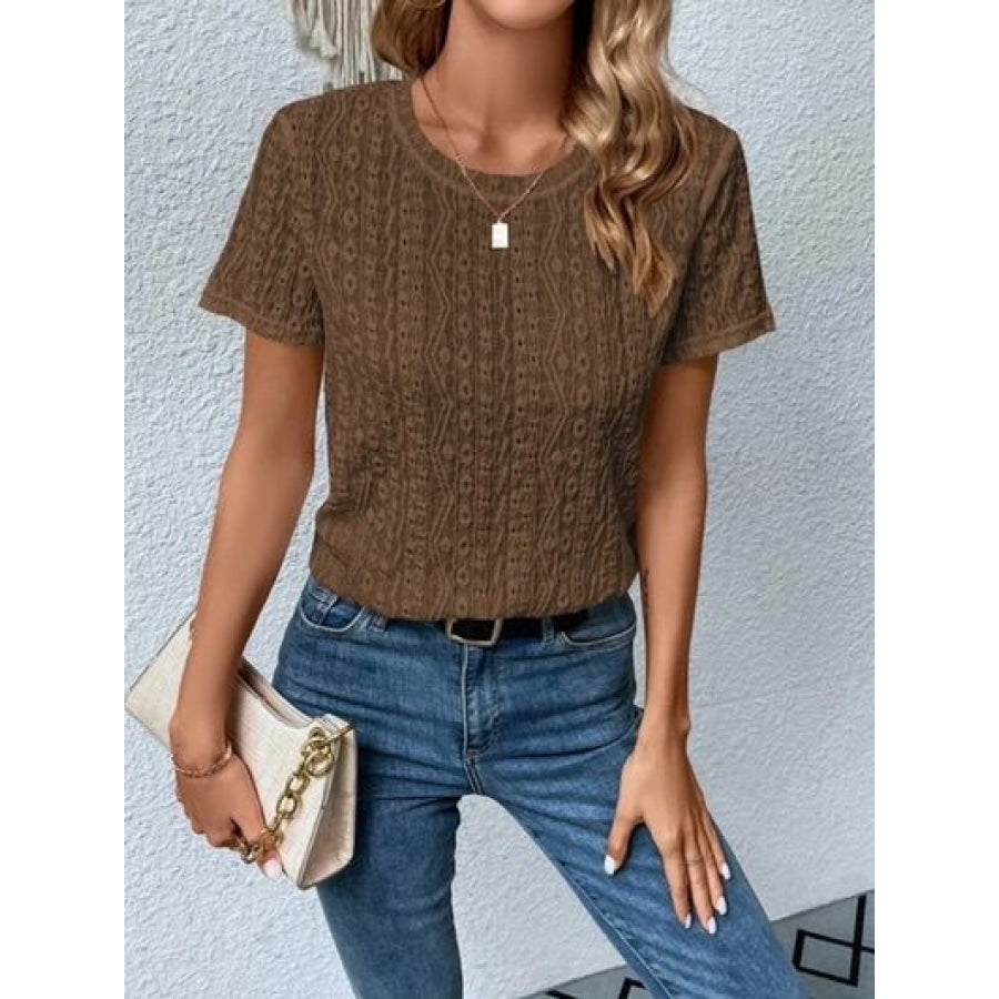 Eyelet Round Neck Short Sleeve T-Shirt Coral / S Clothing