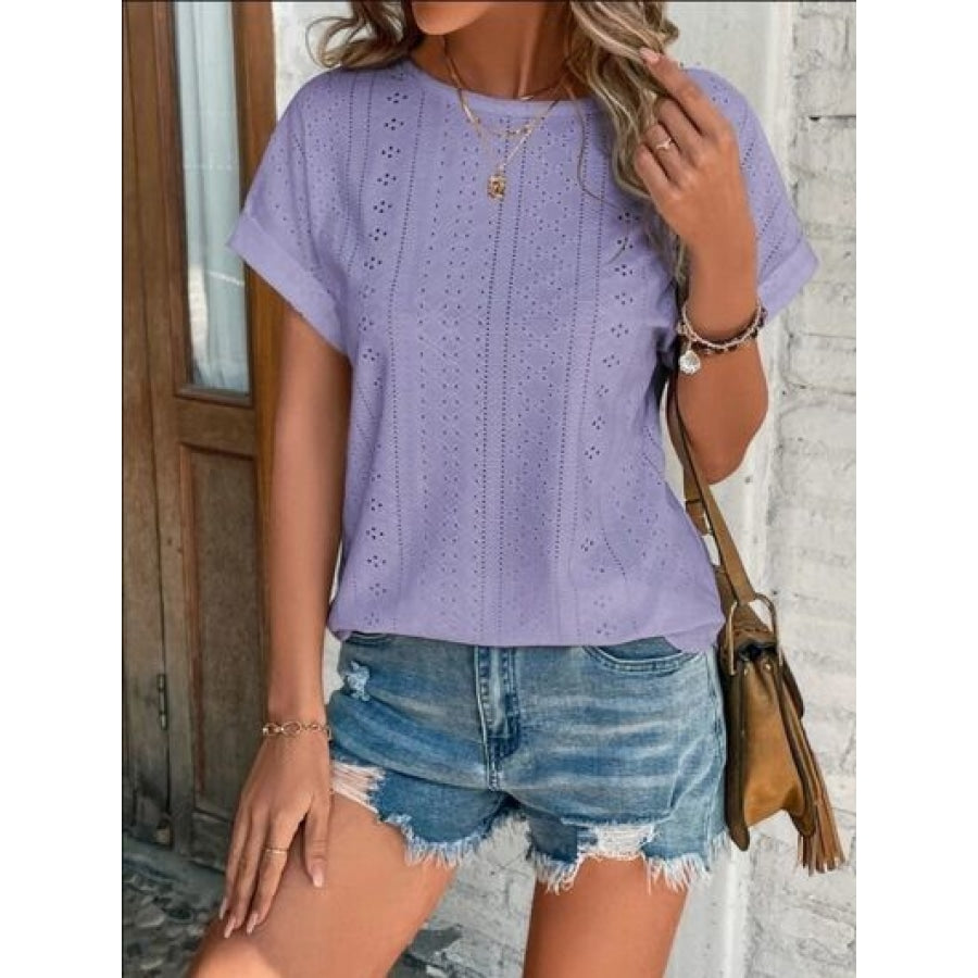 Eyelet Round Neck Short Sleeve T-Shirt Lavender / S Clothing