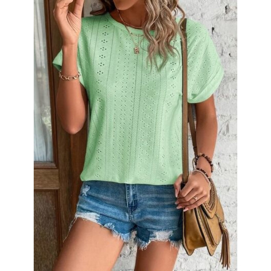 Eyelet Round Neck Short Sleeve T-Shirt Light Green / S Clothing