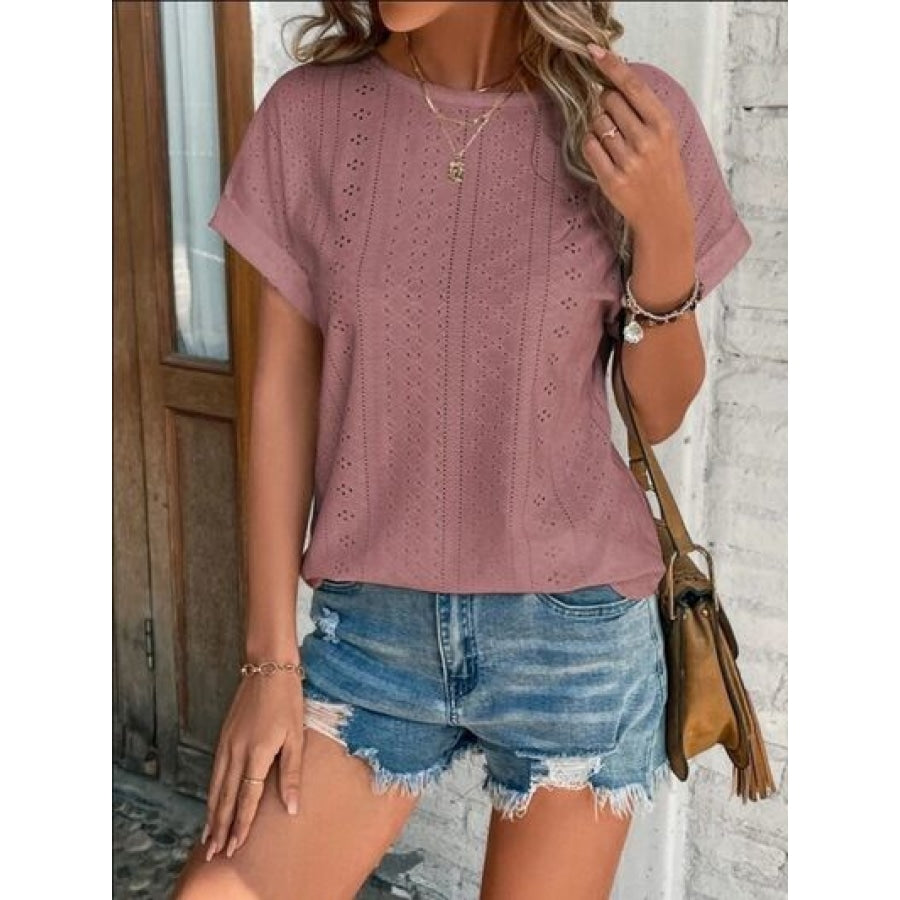 Eyelet Round Neck Short Sleeve T-Shirt Light Mauve / S Clothing