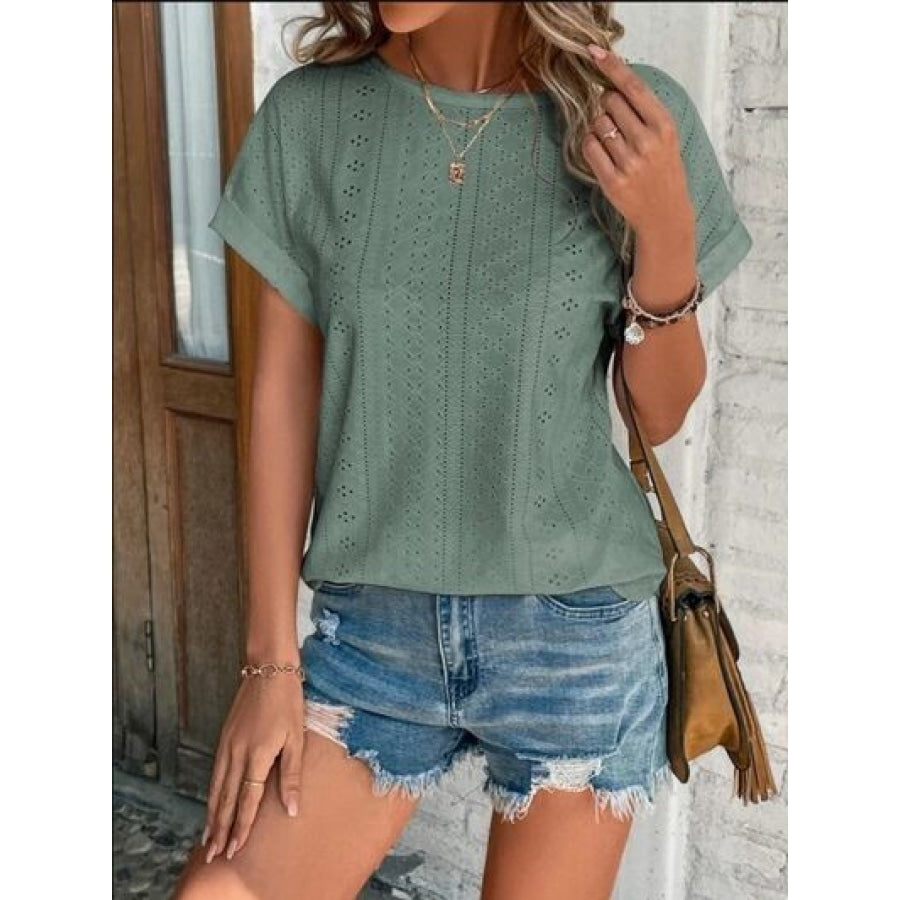 Eyelet Round Neck Short Sleeve T-Shirt Matcha Green / S Clothing