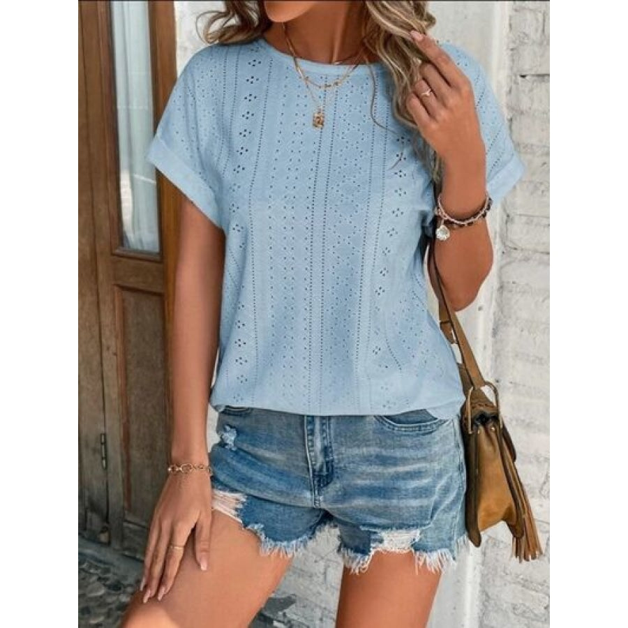 Eyelet Round Neck Short Sleeve T-Shirt Misty Blue / S Clothing