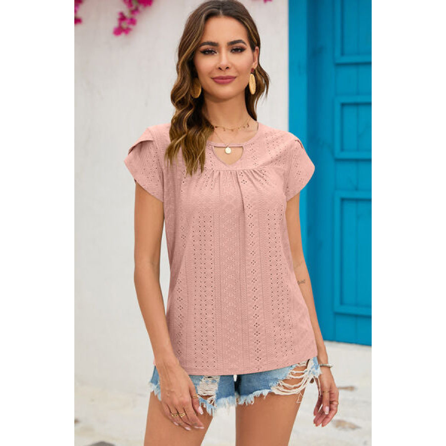 Eyelet Round Neck Short Sleeve T - Shirt Pale Blush / S Apparel and Accessories