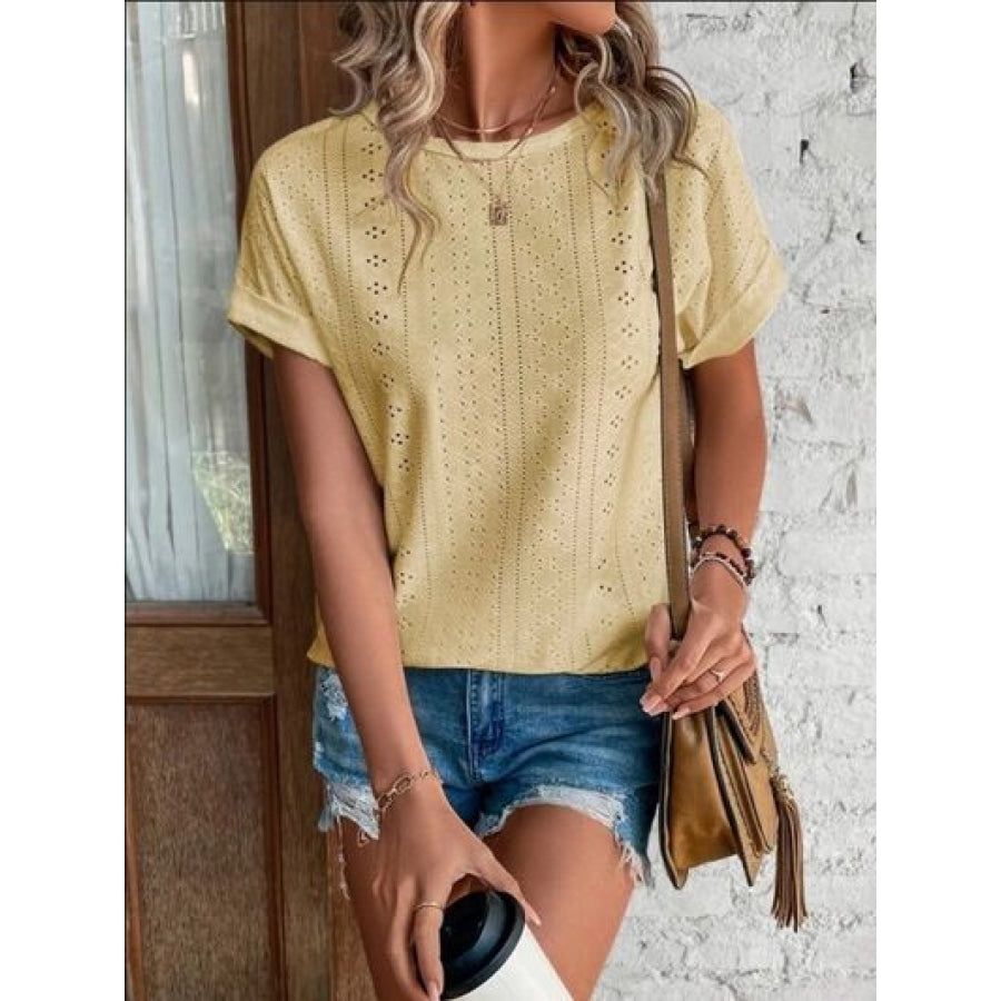 Eyelet Round Neck Short Sleeve T-Shirt Pastel Yellow / S Clothing