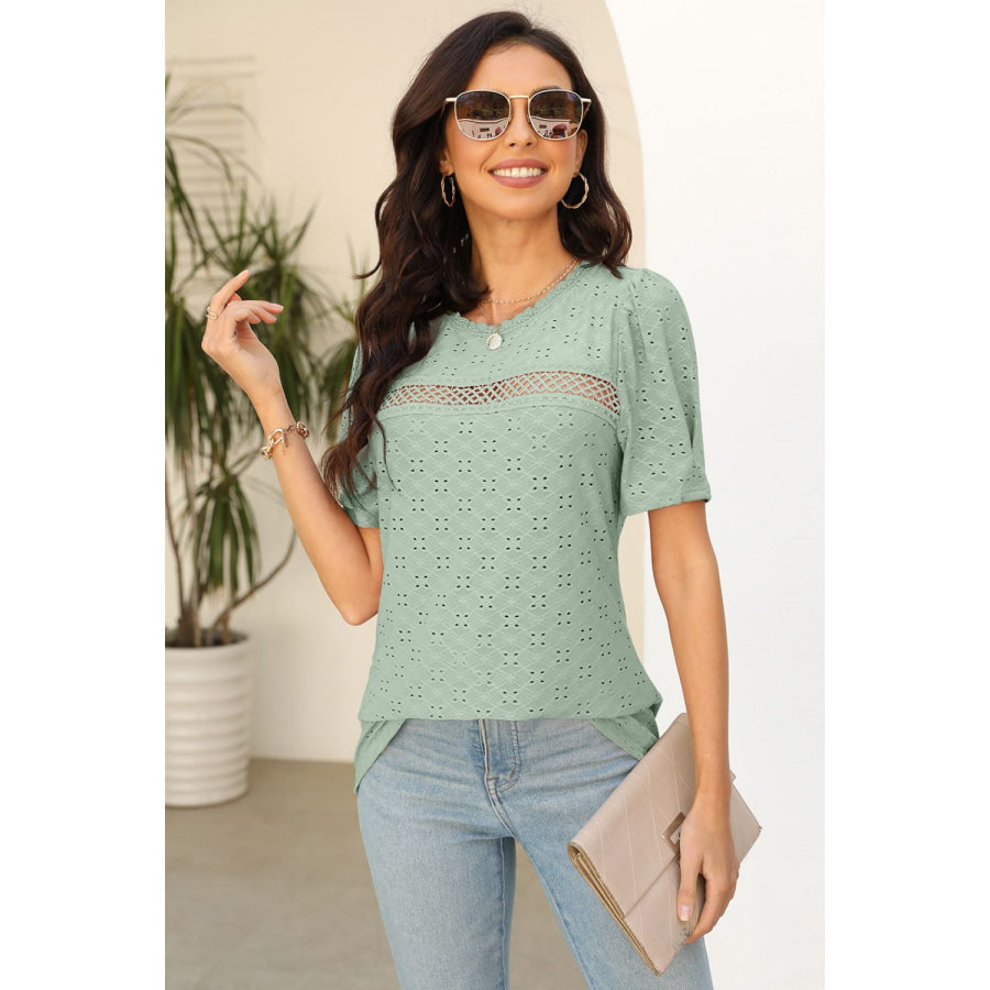 Eyelet Round Neck Short Sleeve T - Shirt Sage / S Apparel and Accessories