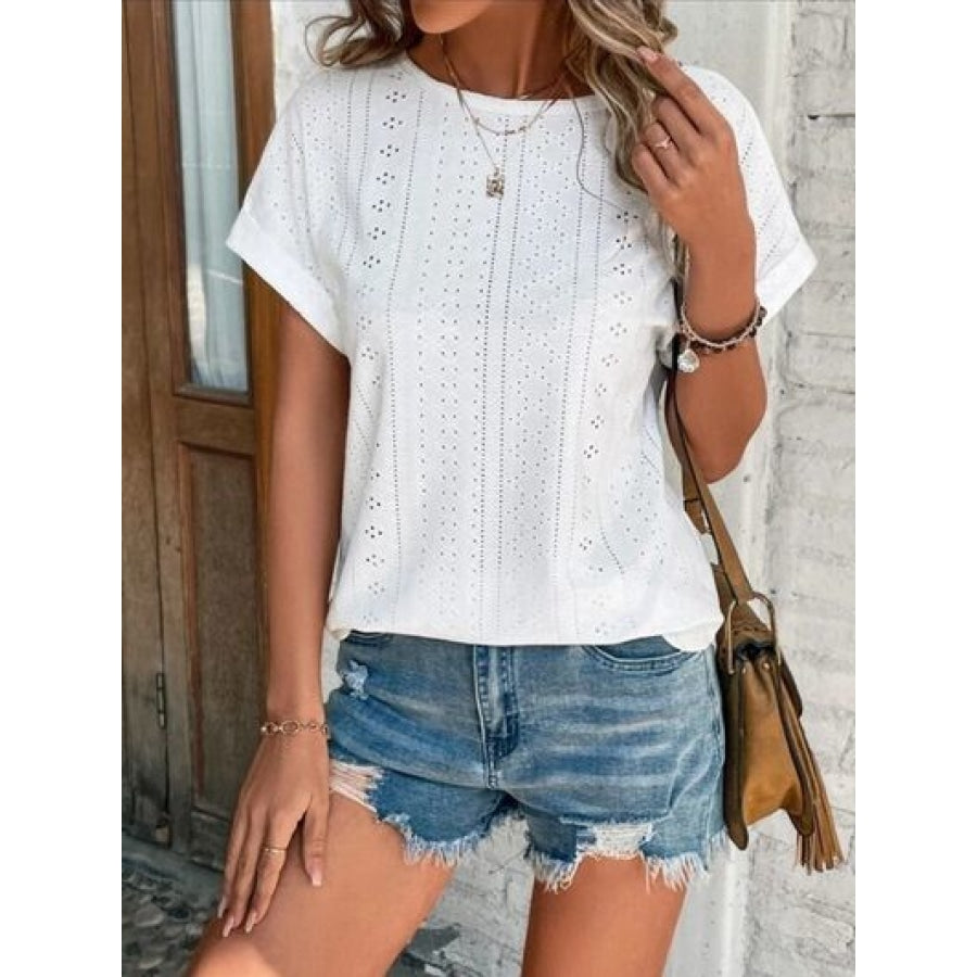 Eyelet Round Neck Short Sleeve T-Shirt White / S Clothing